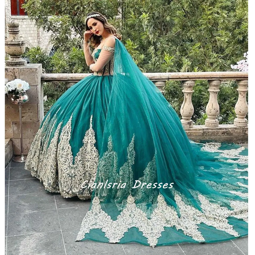 

Emerald Green Illusion Beaded Tassel Quinceanera Dress With Cape Ball Gown Long Sleeve Gold Appliques Corset Vestidos De XV Anos