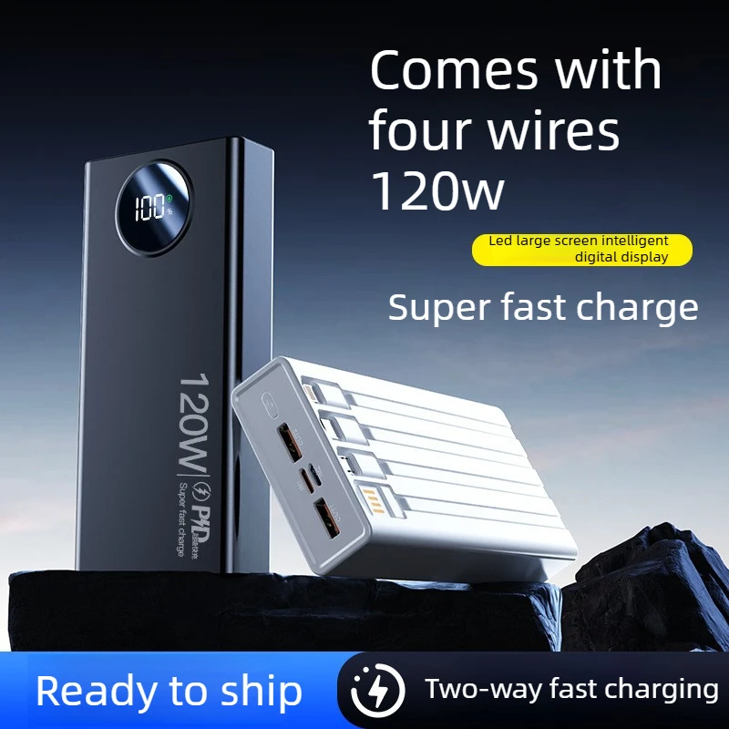 50000mAh 120W Ultra‑Slim Power Bank with Four Built‑in Cables for IPhone Android Phone Large‑capacity Portable PowerBank