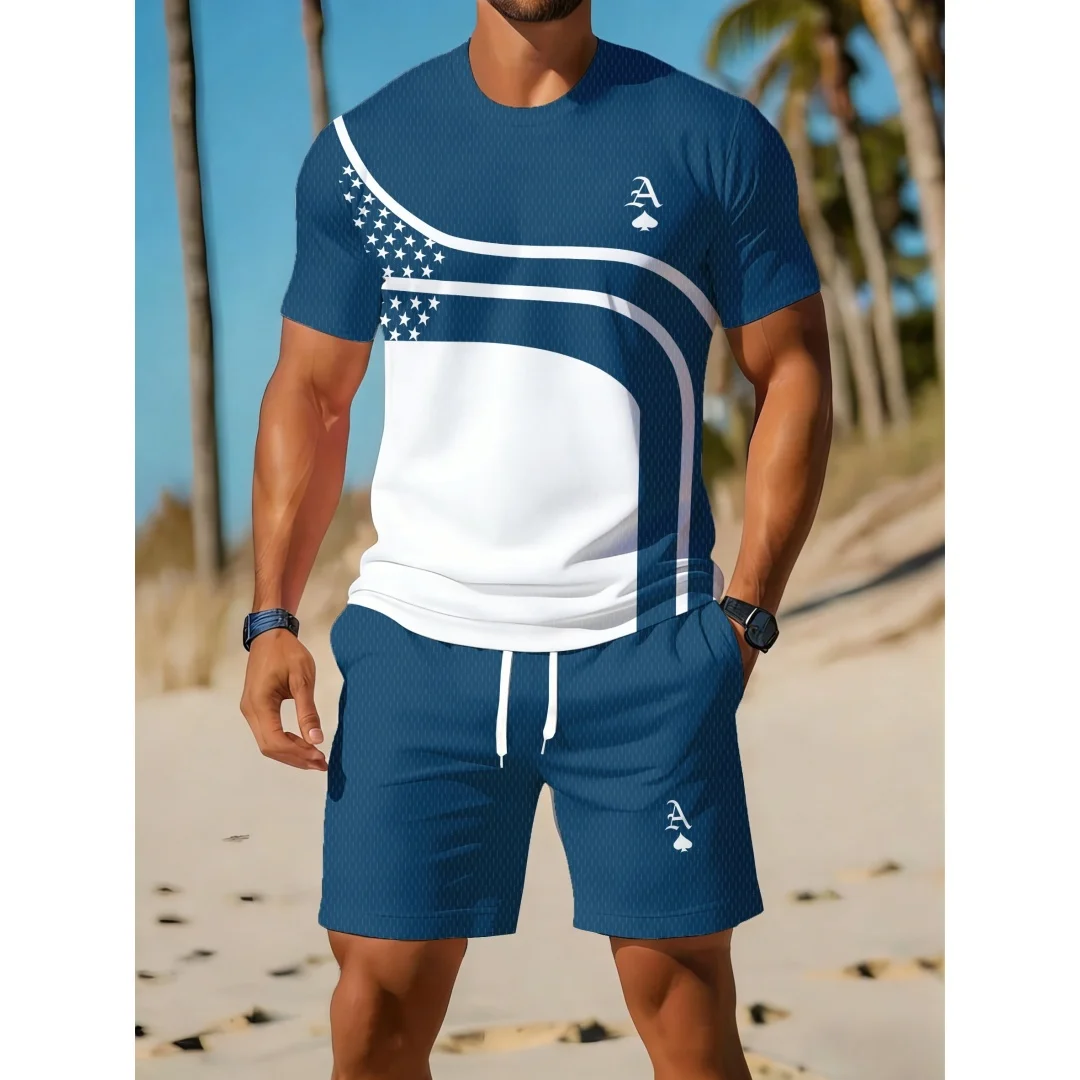 Summer Men's Casual Trendy Curve Graphic Print 2 Piece Set Soft Fabric Quick Dry Breathable Outdoor Workout Beach Sport Outfit