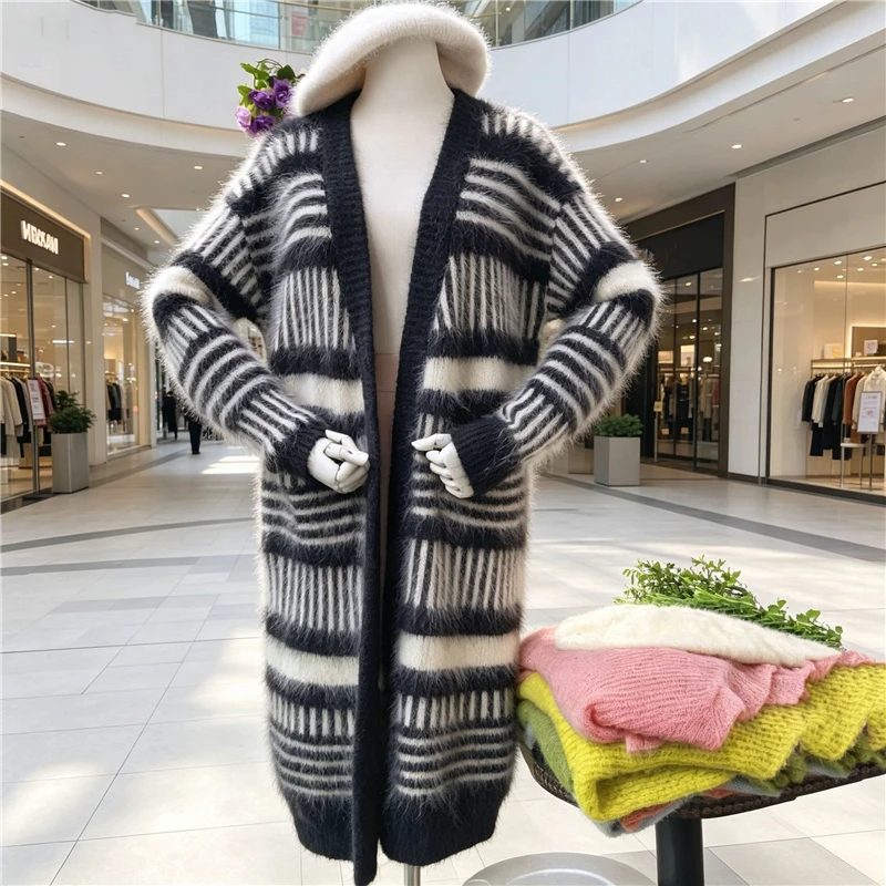 

Ladies Women Hairy Fuzzy Baby Mohair Wool Knitted Spring Autumn Fashion Striped Long Sleevs Loose Long Sweater Cardigans Mantle