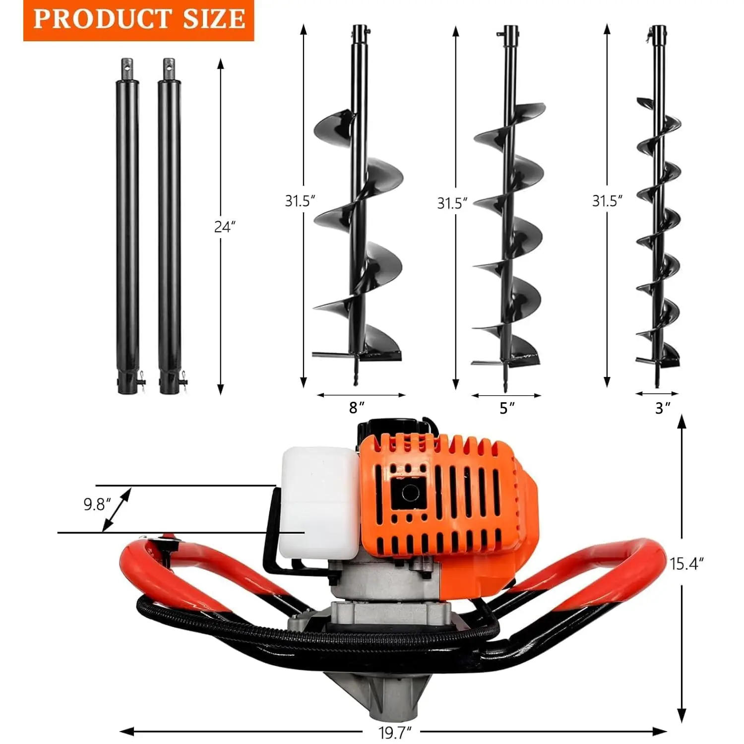 72Cc Post Hole Digger 2-Stroke Petrol Gas Powered Earth Digger With 2 Extension Rods + 3 Auger Drill Bits (3” 5