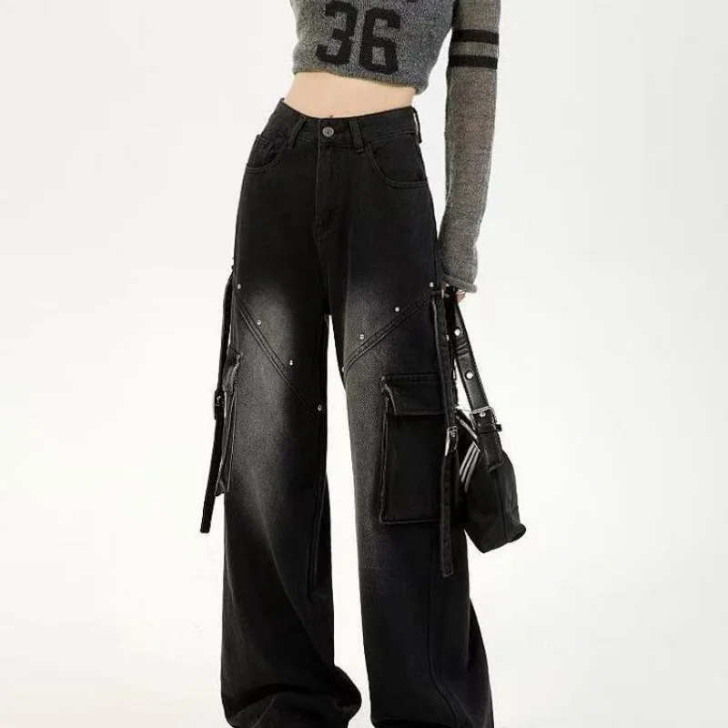 アメリカンブラックジーンズ女性の春と秋の新しいスタイルのデザインストレートルーズカジュアルで多用途なワイドレッグパンツ