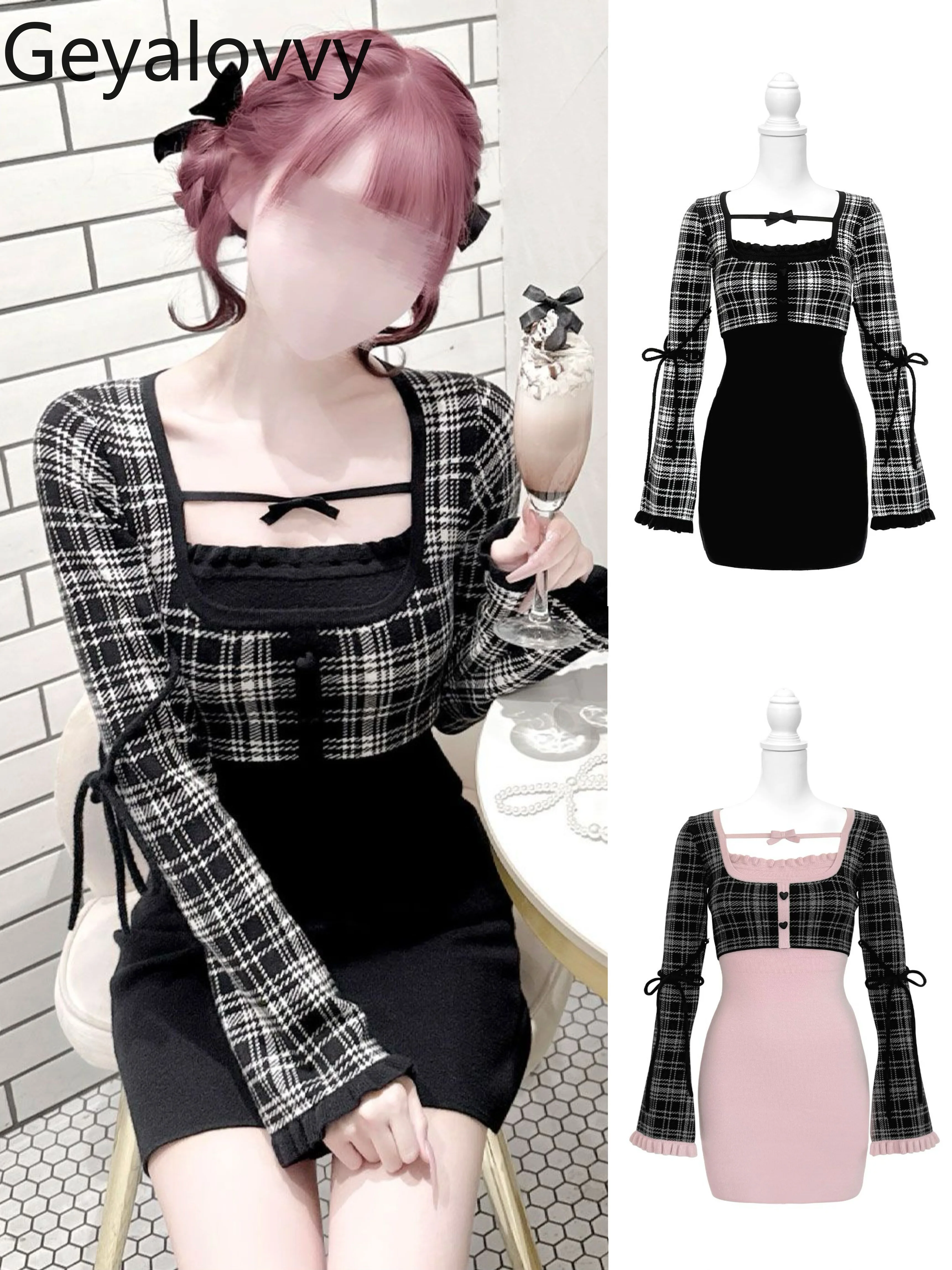 

Fashion Long Sleeve Dresses Japanese Style 2025 New Autumn Winter Plaid Patchwork Square Neck Tie Bell Sleeve Knitted Dress