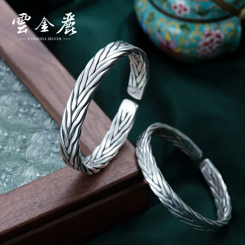 

Yunjinli Silver Bracelet Men's and Women's National Style Twist Weave Design Simple Opening 999 Pure Silver Bracelet Gift for Me