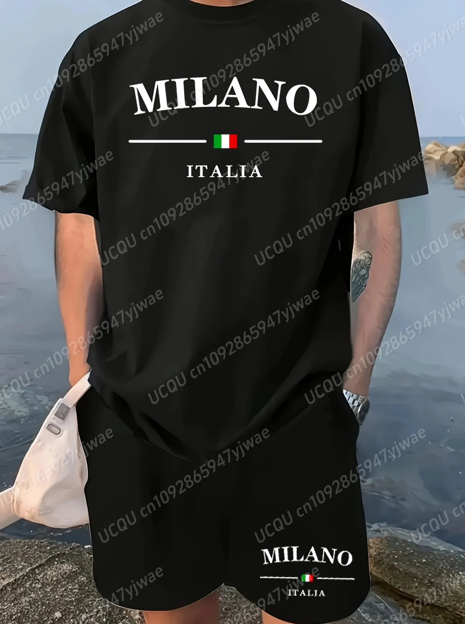 

Summer Men MILANO ITALIA Print Men Casual Short Sleeve T-Shirt Shorts Set Adult Jogging Sport Tracksuit 2 Piece Set Men Clothing