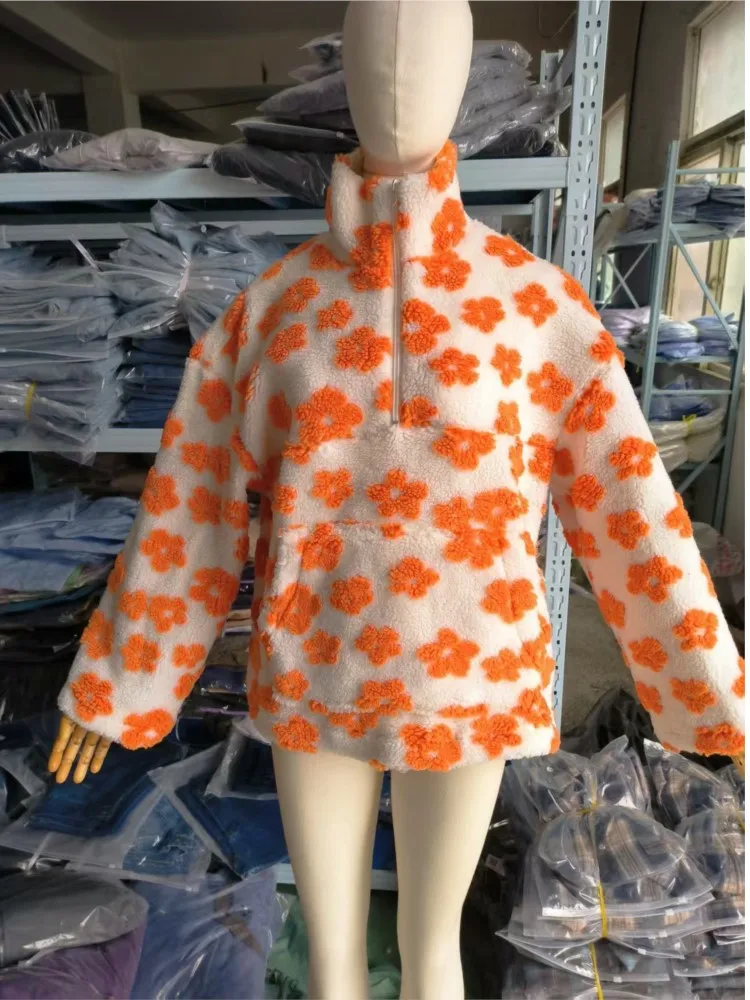 سستة نصف مفتوحة طوق هوديي للمرأة الخريف أزياء زهرة طباعة أفخم البلوز الشتاء السيدات اللون مطابقة الدافئة السترة