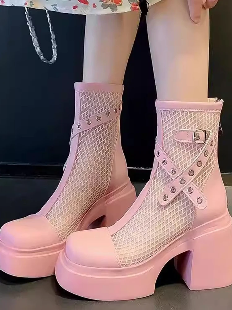 Pink Mesh Breathable  Boots Women's New Style British Style Thick Heel High Heel Short Boots round Toe Summer Fashion B...