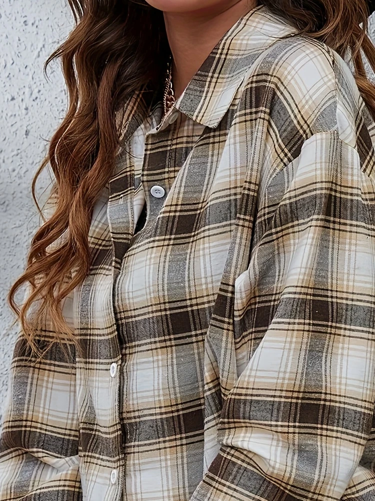 Camisa estampada a cuadros de moda de talla grande para mujer Camisa informal de desplazamiento con botones de solapa de manga larga