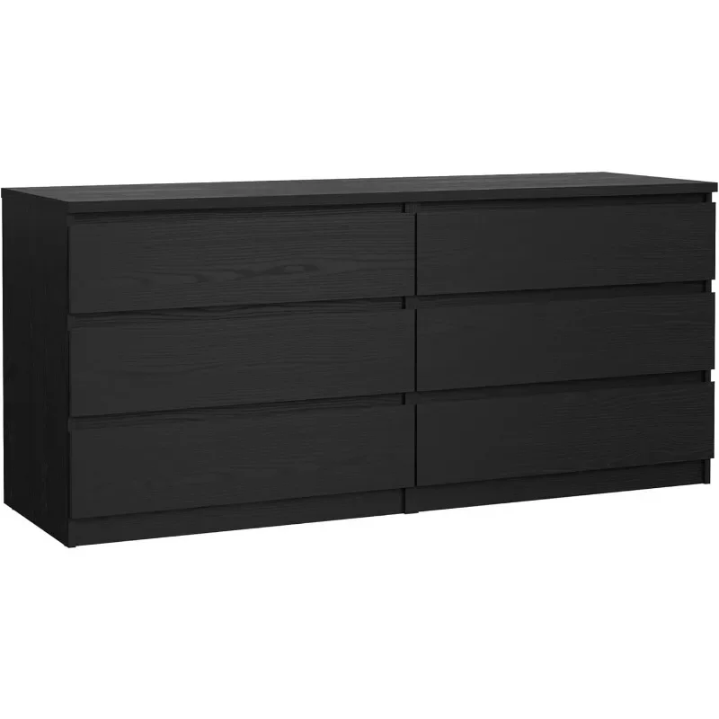 Cómoda doble de 6 cajones, veteado de madera negro, 19,69 profundidad x 60,47 ancho x 27,6 alto pulgadas