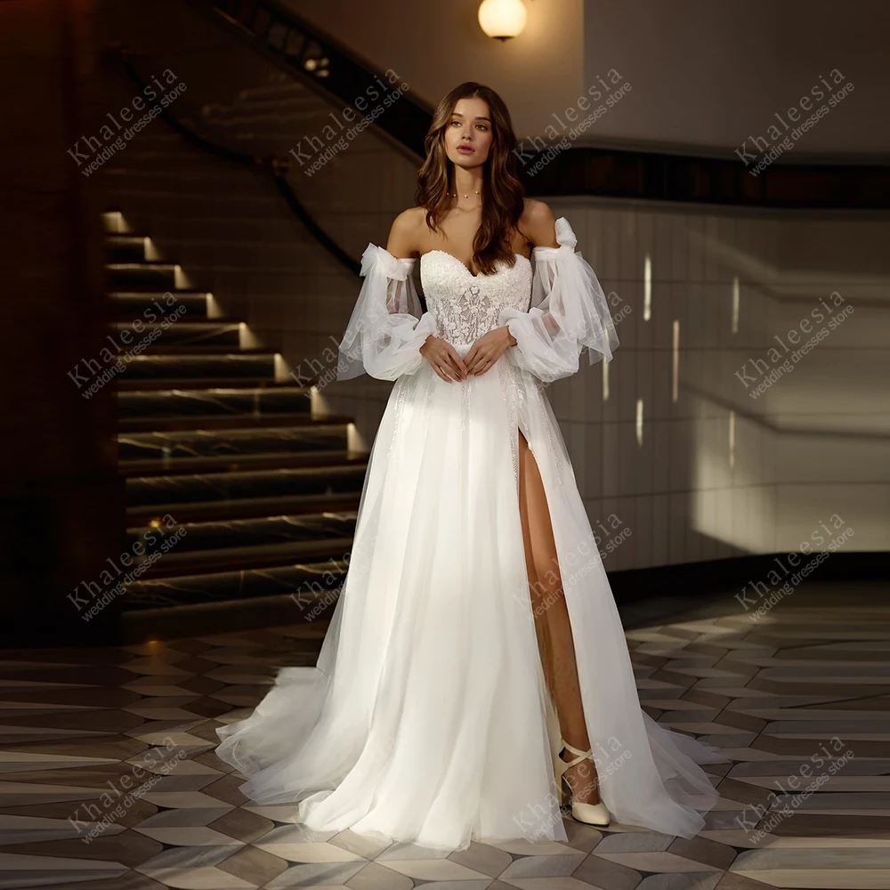 ชุดแต่งงานหรูหราทรงเอไลน์ ผ้าทูลล์หลายชั้น แขนพองยาว สำหรับผู้หญิง  ชุดเจ้าสาวแบบสั่งตัดได้ ปี 2025