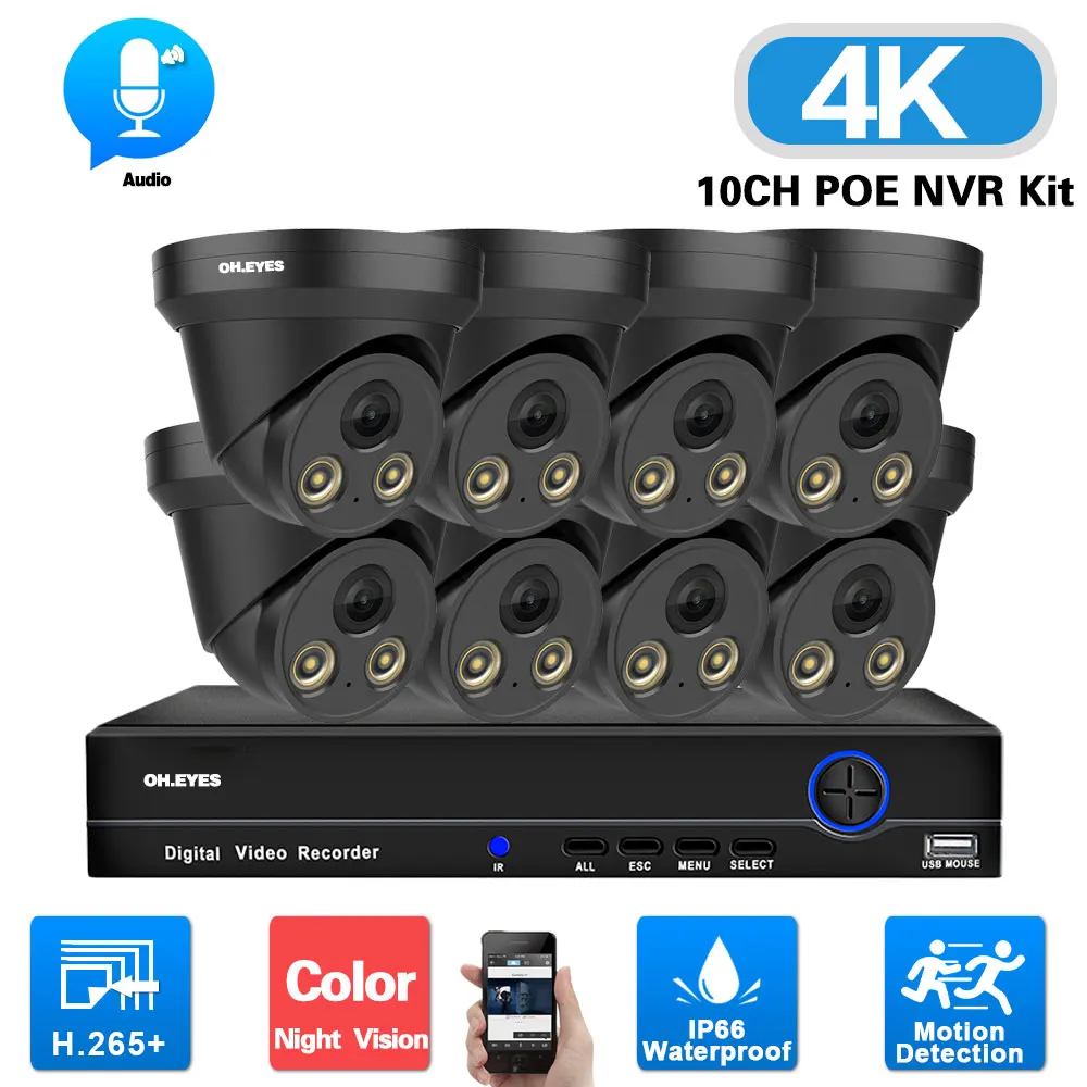 

4K POE Dome Camera Video Surveillance System Kit Outdoor Waterproof IP Security Camera System Set Color Night Vision 8CH NVR Kit