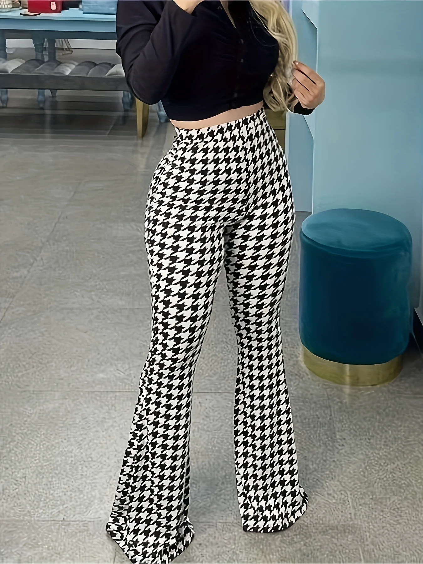 Plus Size Houndstooth Print Flare Leg Pants - Stylish Comfortable High Waist Casual Daily Wear for Spring & Summer - Designed