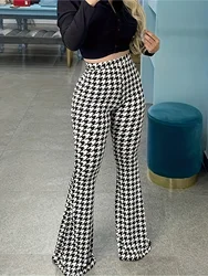 Plus Size Houndstooth Print Flare Leg Pants - Stylish Comfortable  High Waist Casual Daily Wear for Spring & Summer - Designed