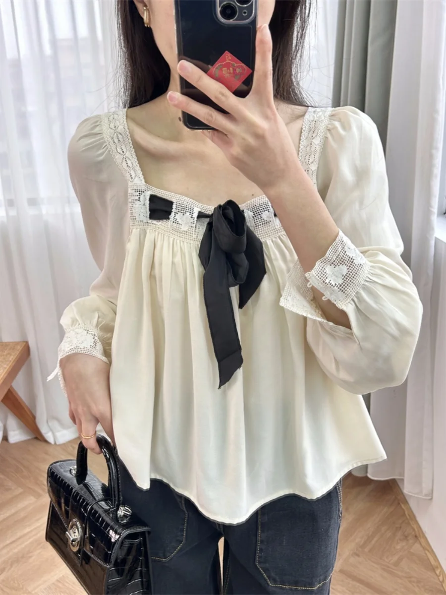 

Women lace blouse Women's bow shirt with hollowed out lace edge, square neck, silk blend top, long sleeved French sweet style