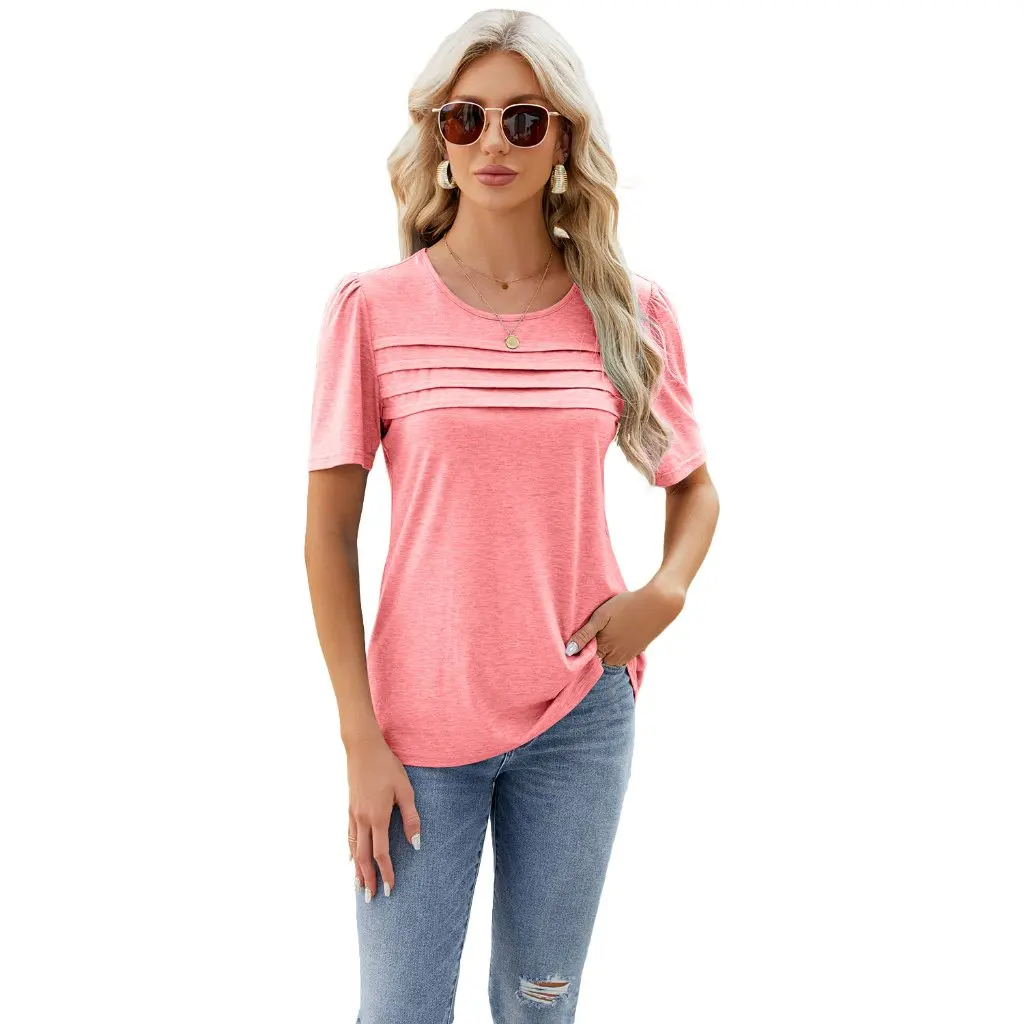 

Women's Solid Color U-Collar Pleated T-Shirt New Women's Clothing Comfortable Top for Ladies