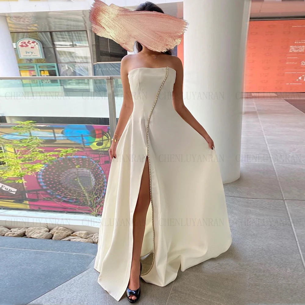 

Strapless Satin Formal Occasion Dresses 2023 Sleeveless A-Line Long Party Dress Split Sexy Evening Gown فساتين مناسبة رسمية