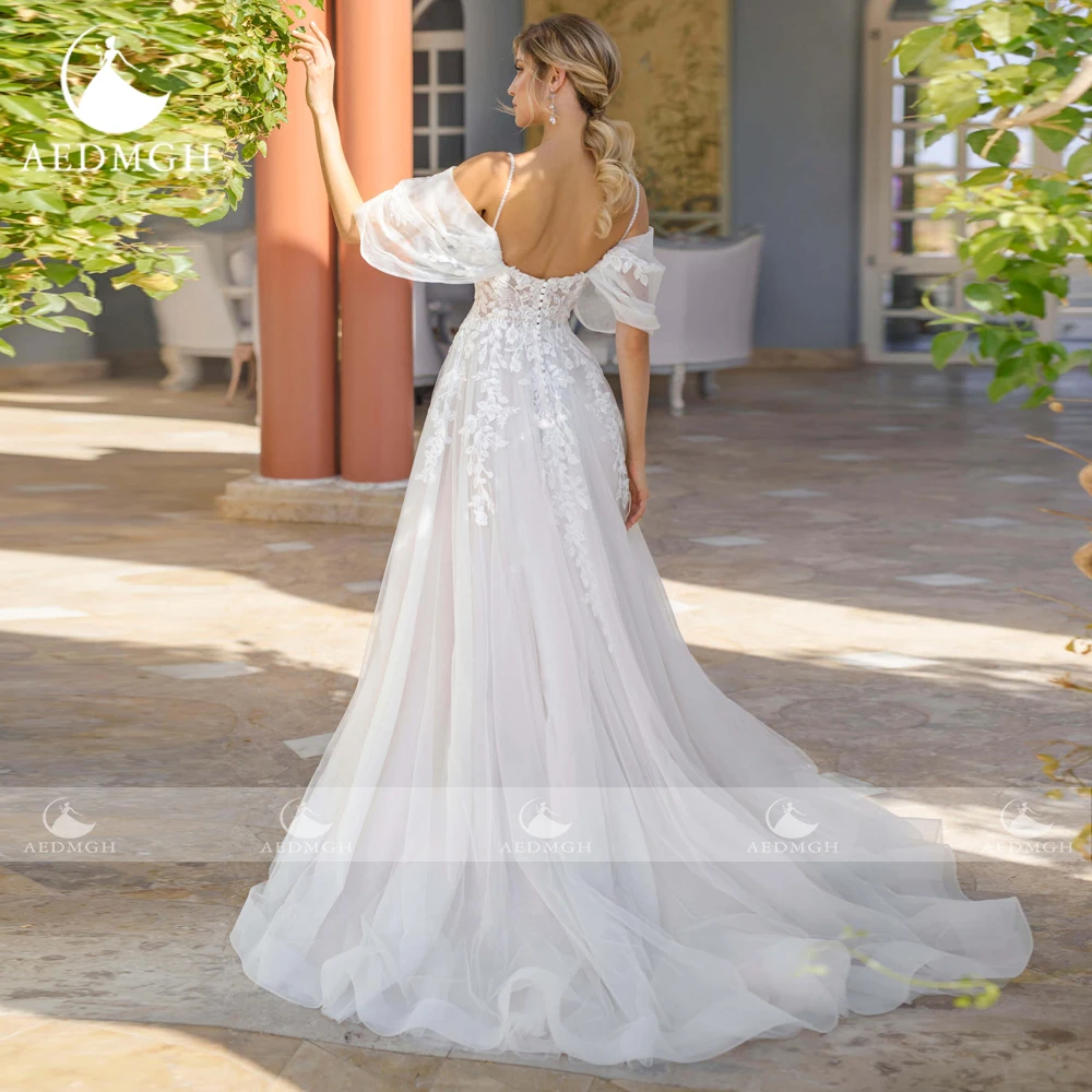 Aedmgh A-Line Boho Wedding Dresses 2024 Sweetheart Off The Shoulder Vestido De Novia Appliques Illusion Split Robe De Mariee