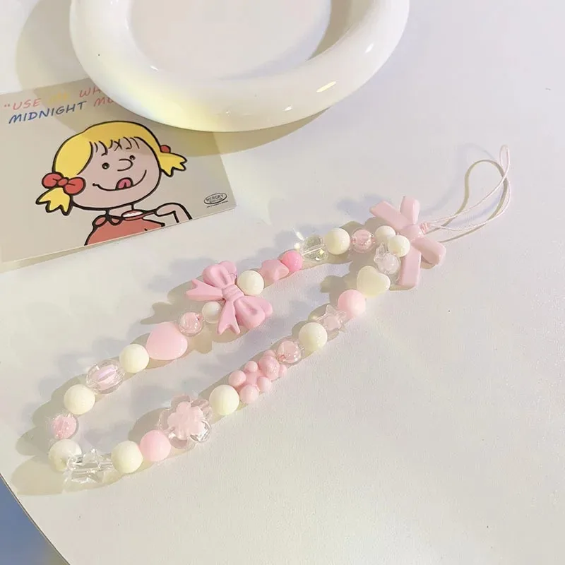 Korean Cute Charm Bear Love Heart Bowknot Phone Chains For iPhone Women Girls Jewelry Strap Beaded Lanyard Hanging Cord Bracelet