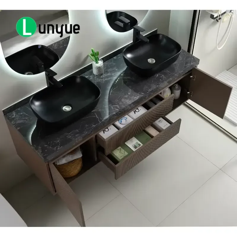 1500mm Modern Luxury Double Sink Wall Mounted Bathroom Vanity Fluted Plywood Cabinet Eco Friendly With Two LED Mirrors For