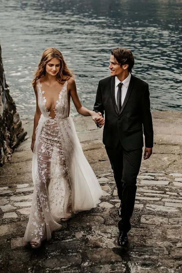 Vestidos de novia de playa Sexy con cuello en V profundo encaje Floral bohemio país vestidos de novia de longitud completa Vestido Noiva Vintage