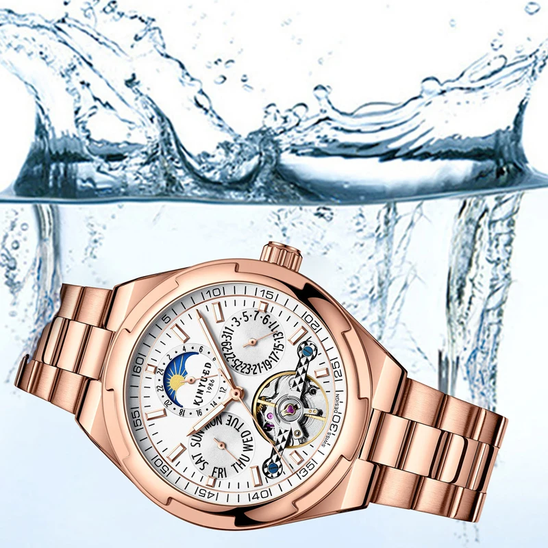 KINYUED 高級ブランドメンズ機械式時計ステンレス鋼防水ウィークデイトムーンフェイズ自動トゥールビヨン腕時計メンズ