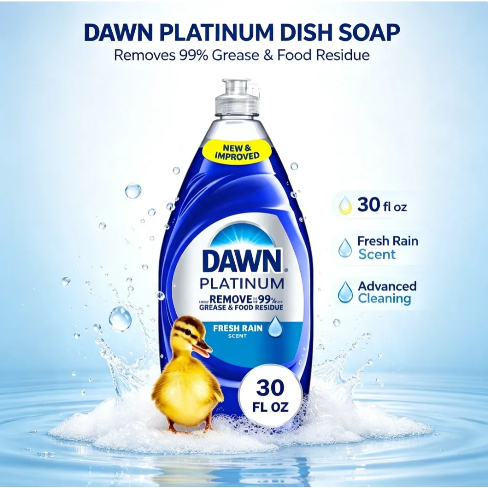 30 FL oz Dawn Platinum Dishwashing Liquid, Fresh Rain Scent Liquid Dish Soap, Heavy Duty Grease Remover for Daily Kitchen Washing