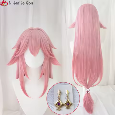 Yae Miko Cosplay Anime Wig Long Pink Gradient Wig Heat Resistant Synthetic Hair Halloween Inazuma Yae Miko Wigs + Wig Cap