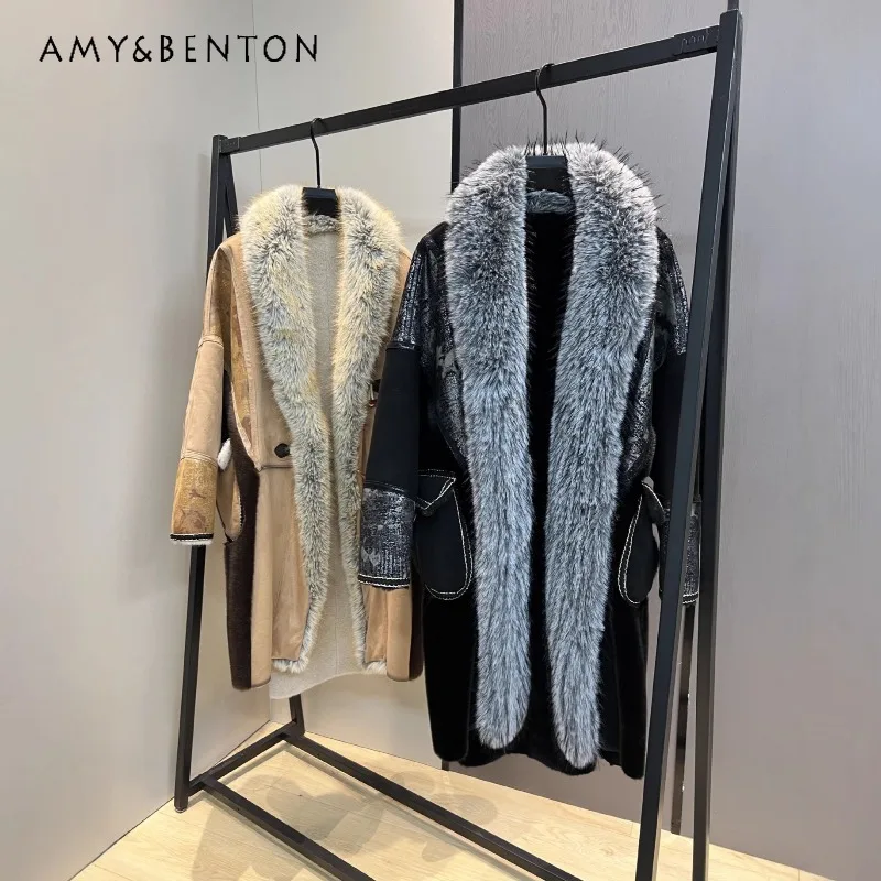 Woolen Coat Ladies 2025 Winter New Thickened Warm Faux Fur Integrated Fox Furry Collar Korean Style Loose Overcoat Outwear Women