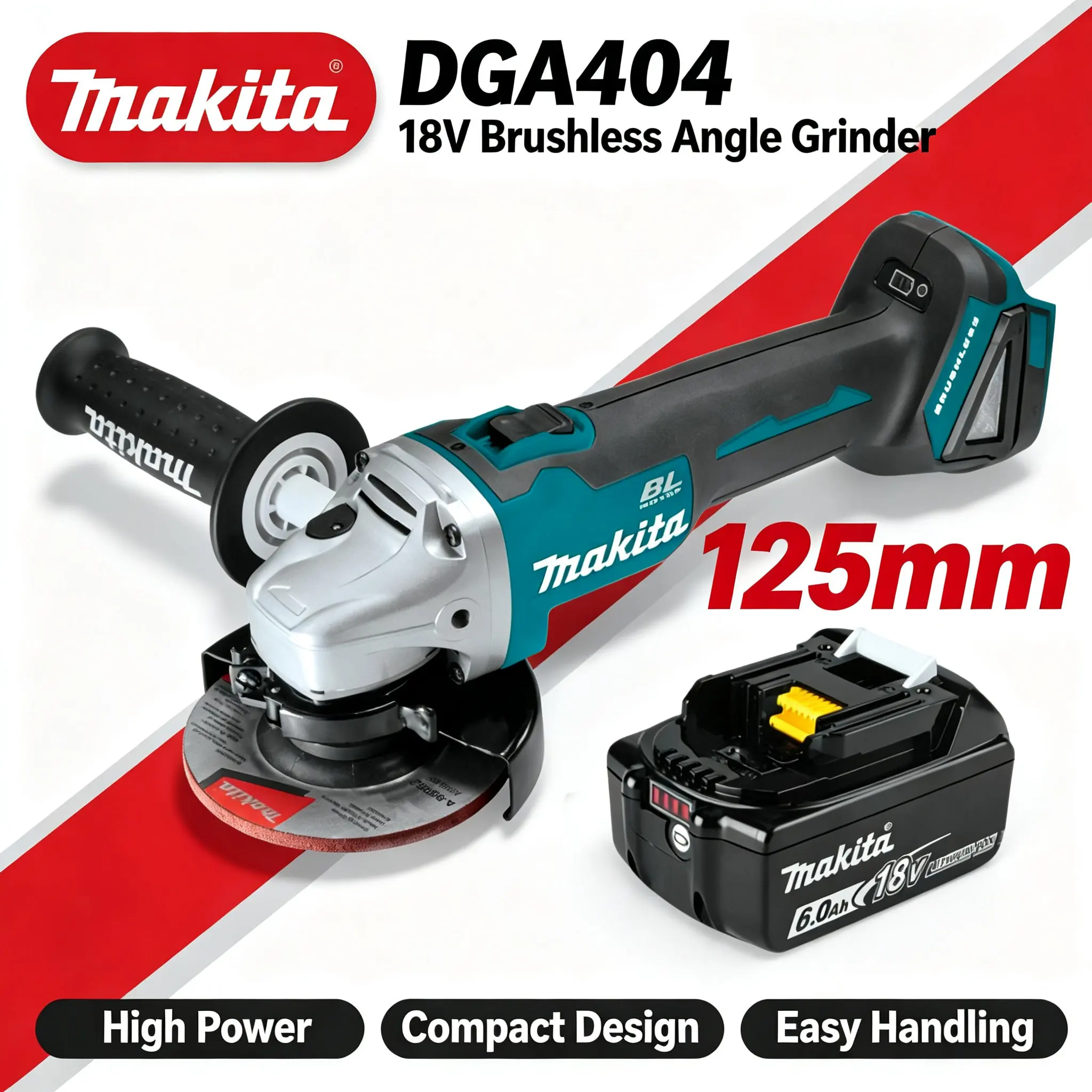 Makita DGA404 Akku-Winkelschleifer 18V Bürstenlos Kabellos 125mm Elektrowerkzeug zum Metallschneiden, Schleifen, Polieren und Baustellenwartung