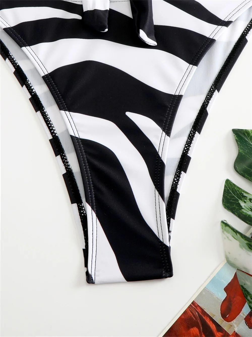 Black and White Zebra Print Bikini Skirt Cover-ups Hollow Out Cross Bandage Swimsuit Women Halter Backless 3 Piece Beach Outfit - view 5