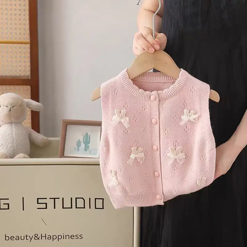 Children's sweater vest with hollowed-out knitted waistcoat, Autumn / winter 2 - 6 Years girls cute little bow cardigan shoulder