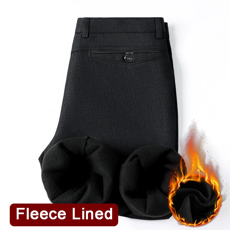 Men\'s Fleece Lined Suit Pants Business Casual Loose Straight Black Formal Dress Pants Navy Blue Thick Warm Trousers