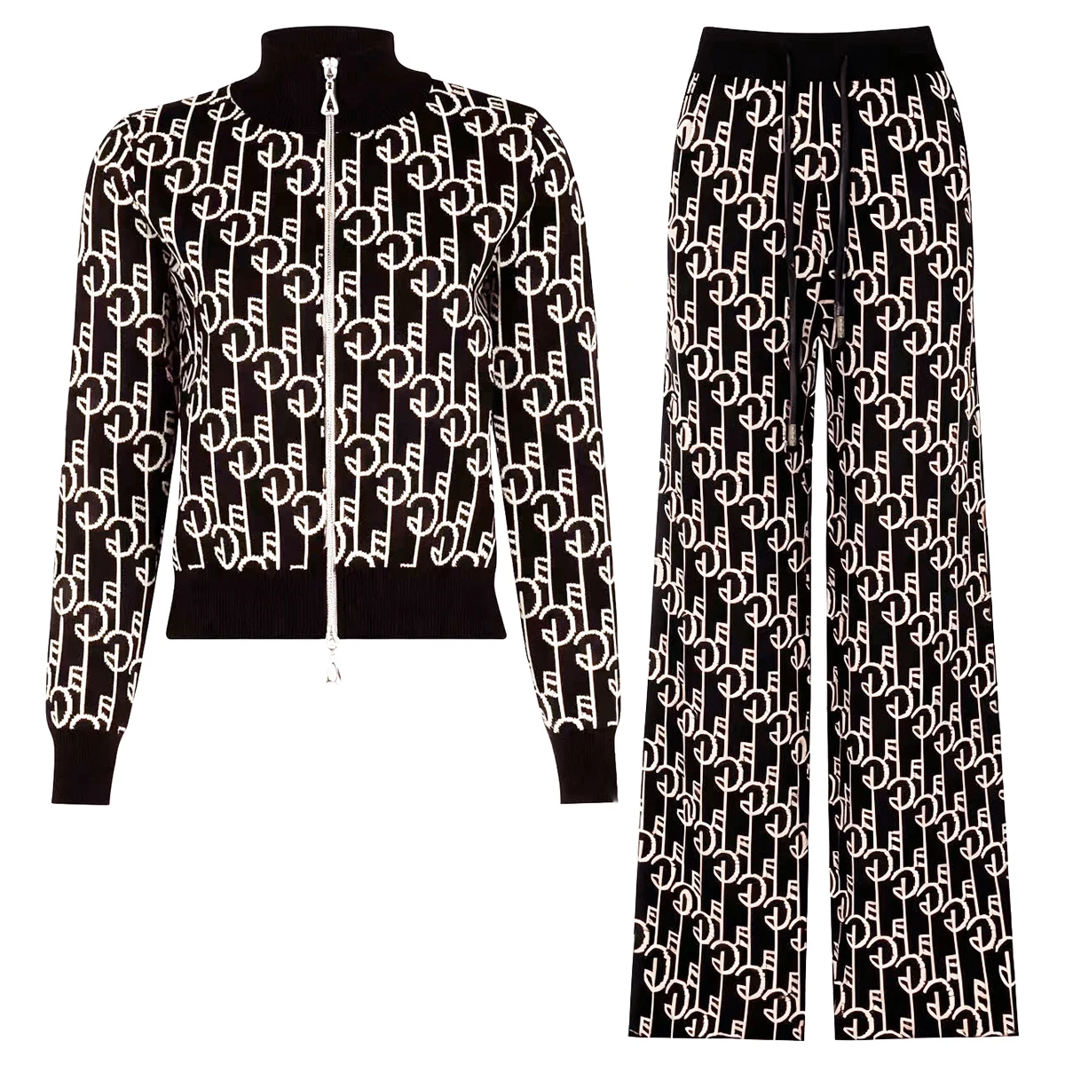 

High End Quality Spring And Autumn New Fashion Heavy Industry Knitted Internet Celebrity Casual Style Top Jacket+Pants Set