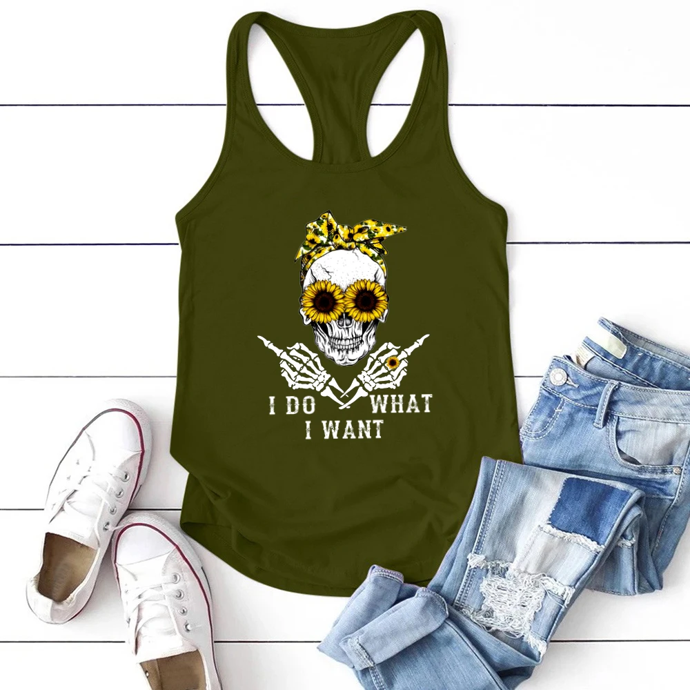 Seeyoushy Funny Women Tank Tops I Do What I Want Sunflower Skull Print Tank Top Harajuku Fashion Vest Camiseta Tirantes Mujer