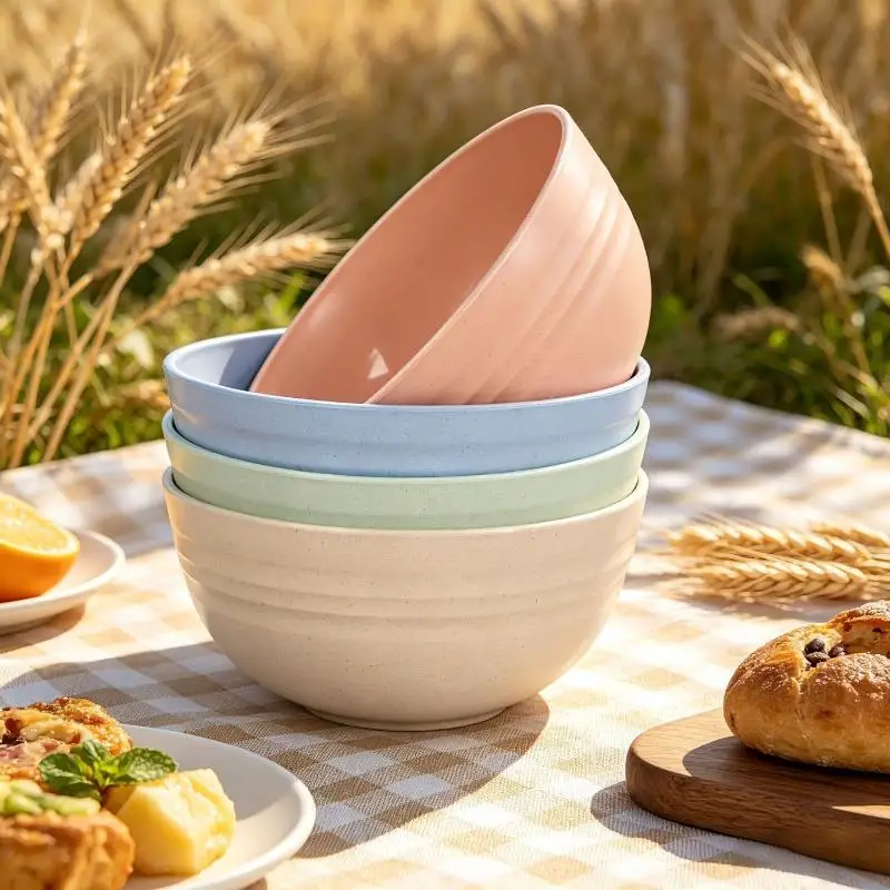 4pcs Wheat Straw Bowl Set Unbreakable Plastic Bowls Fruit Salad Bowl Microwave Dishwasher Safe Home Kitchen Daily Use
