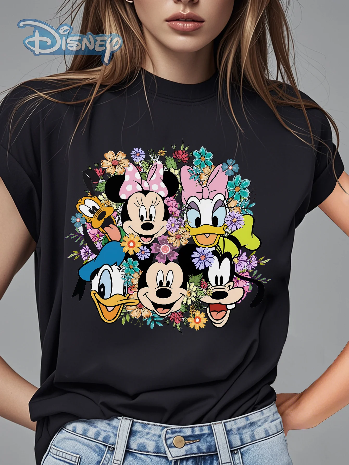 2025 Disney patrón impreso mujer Casual cómodo único cara sonriente negro cuello redondo manga corta Camiseta
