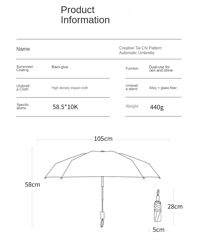 Taiji WIND ร่มอัตโนมัติ, สภาพอากาศและฝนไวนิลอเนกประสงค์ป้องกันแสงแดดและป้องกันรังสียูวี