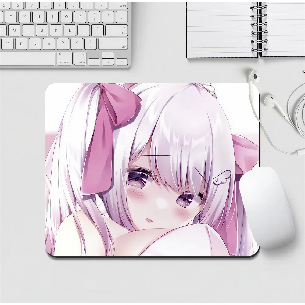 Gaming Mouse Pad,Small Square Desk Mat,Anti-slip Rubber Base,Stitched Edges,Pale Pink Twin Tails Bear Cherry Cute Anime Print