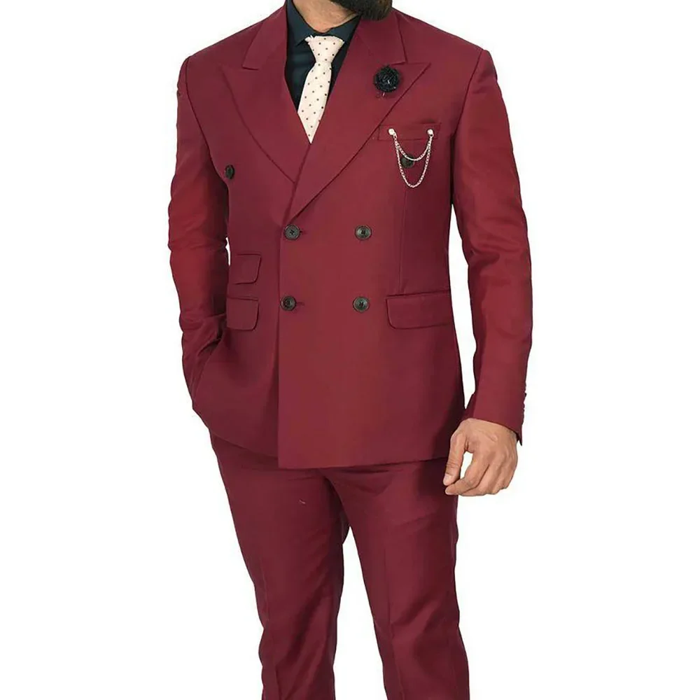 Chic Burgundy Men Suit Double Breasted Peak Lapel Regular Length Outfit Costume Homme Elegant 2 Piece Jacket Pants Set