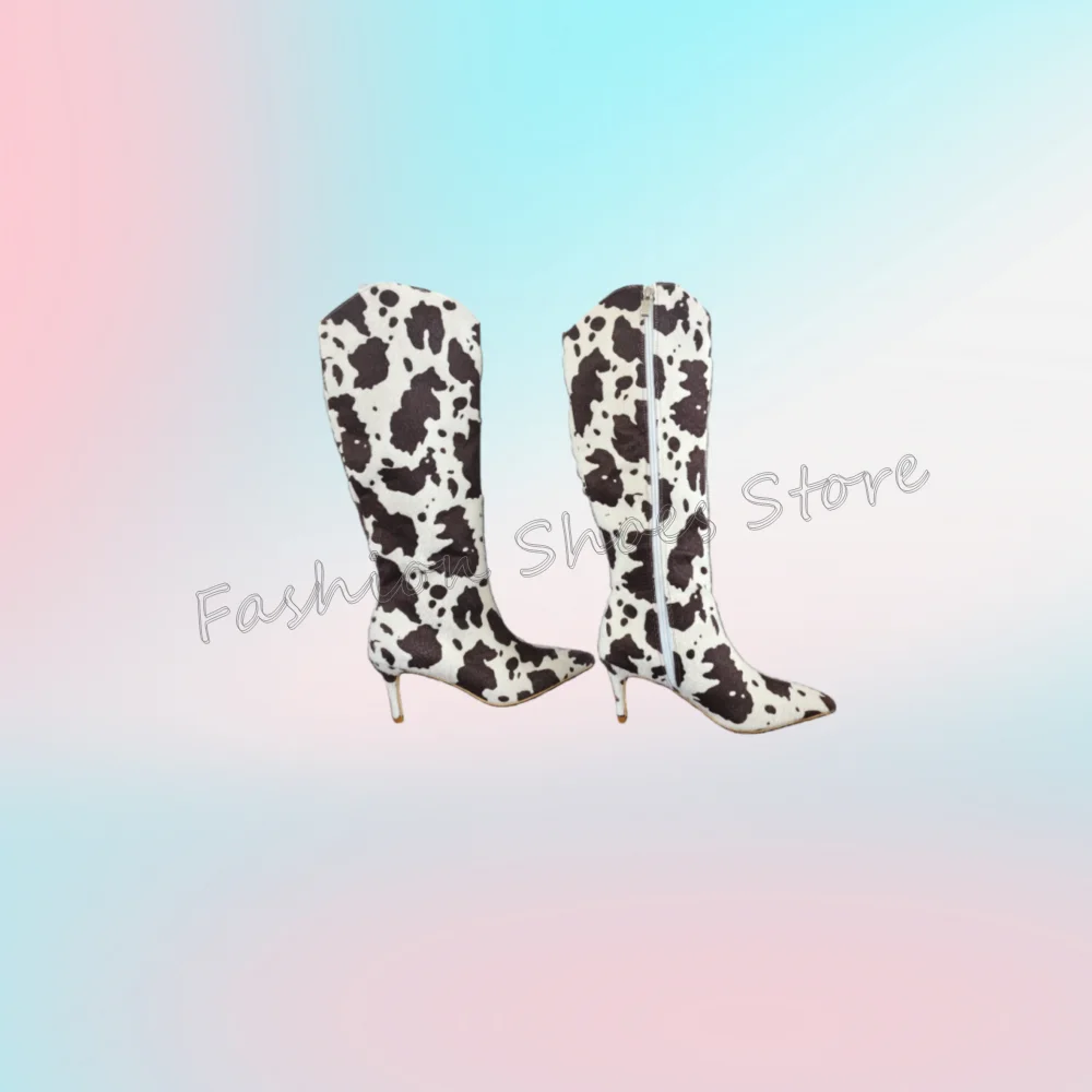 

Cow pattern Side Zipper Pointed Toe Boots for Women Stilettos High HeelsFashionable Dinner Party 2025 Zapatos Para Mujeres