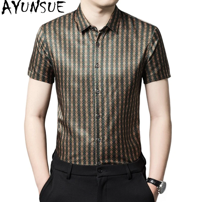 

SYUNSUE 65.9% Cotton Mens Shirts 34.1% Mulberry Silk Summer Shirts for Men Short Sleeve Shirt Men Футболка Мужская Хлопок Tops