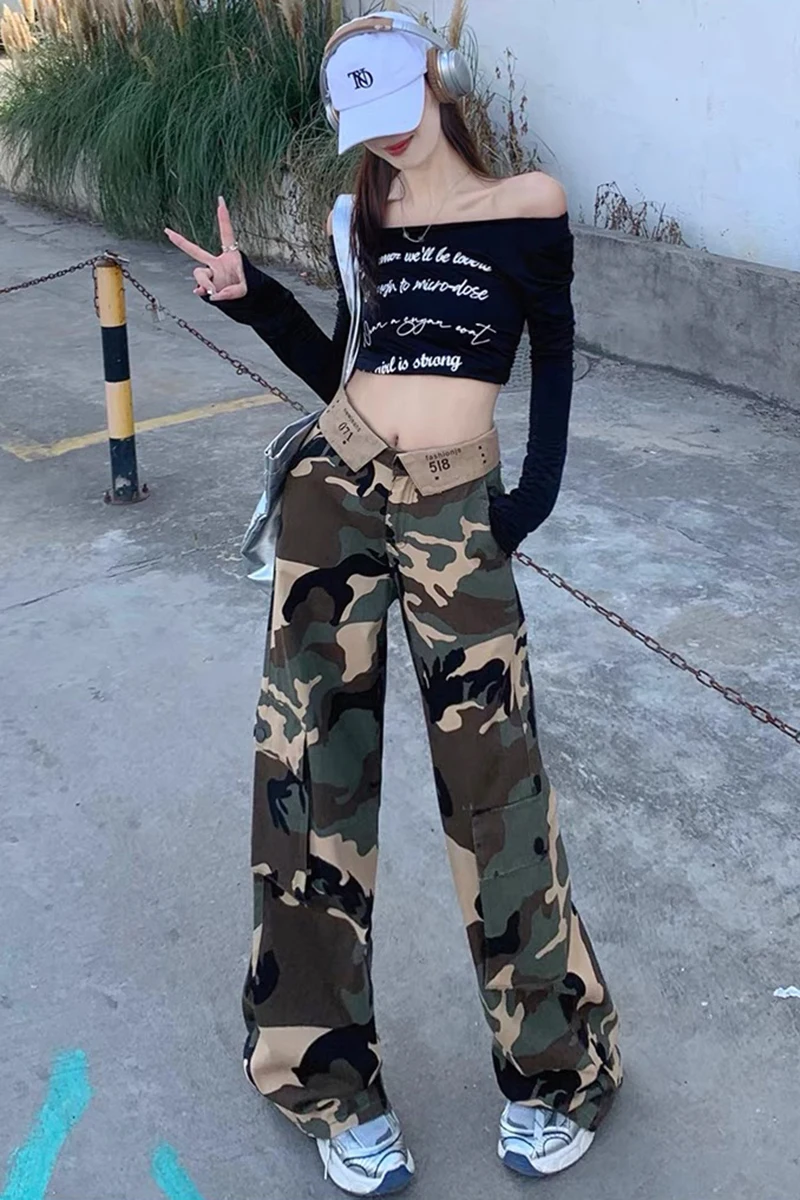 

American Retro High Waist Jeans Women's Camouflage Hot Sisters Cargo Pants Women Fall Winter Straight Cylinder Wide Pants Woamn