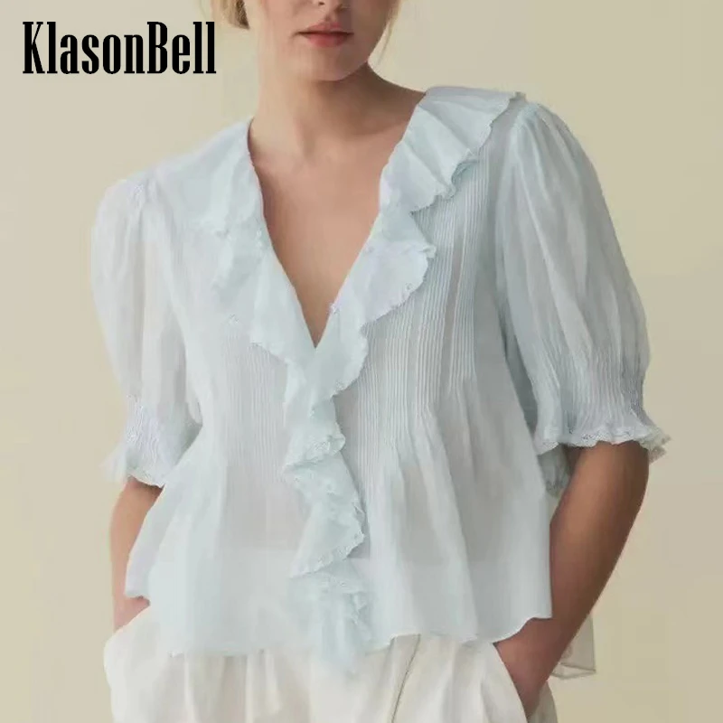 

5.24 KlasonBell Bohemian Style Summer New Ruffle V-Neck Blouse For Women Classic Vintage Puff Sleeve Pleated Short Shirt