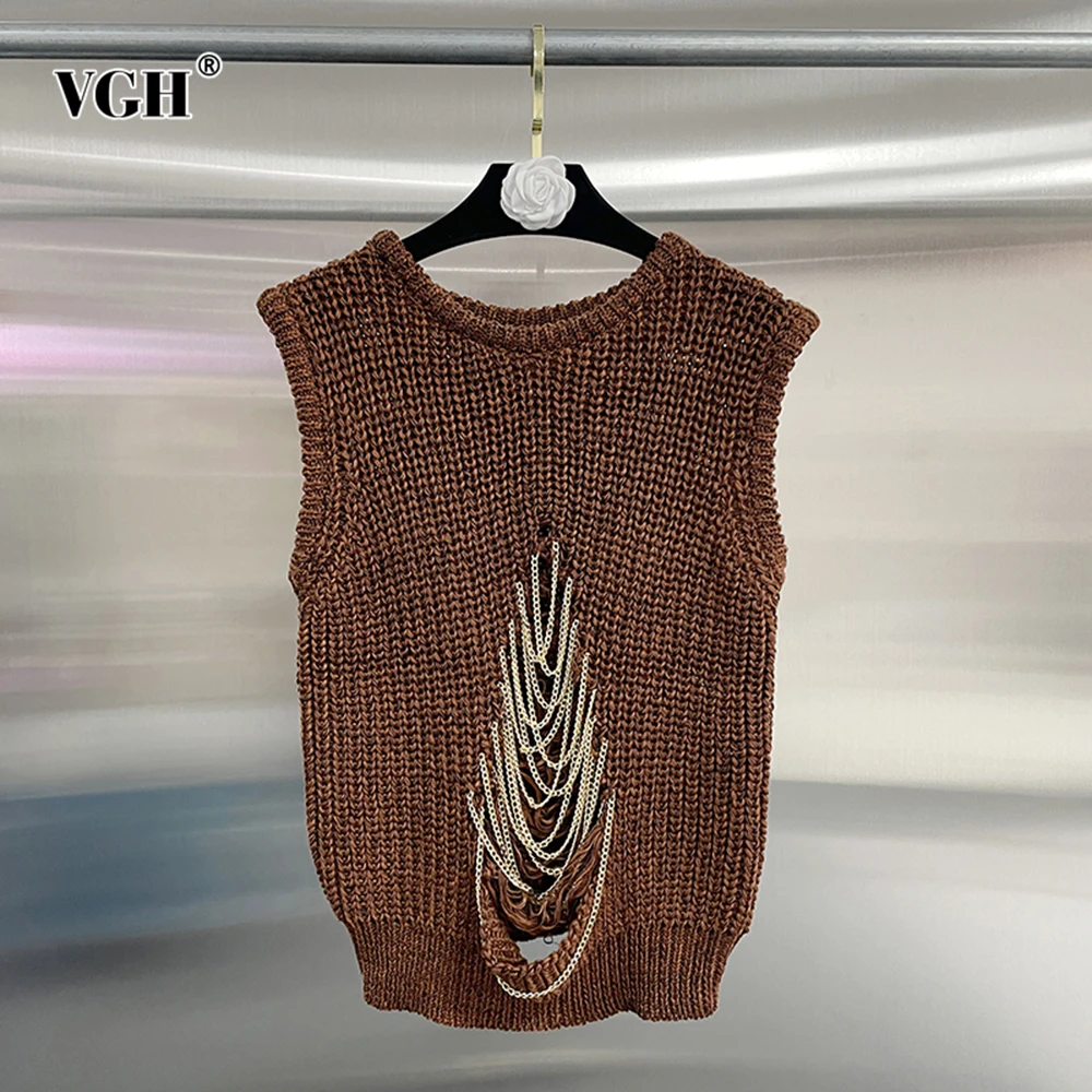 

VGH Patchwork Chain Streetwear Knitting Vests For Women Round Neck Sleeveless Solid Hollow Out Casual Pullover Sweaters Female