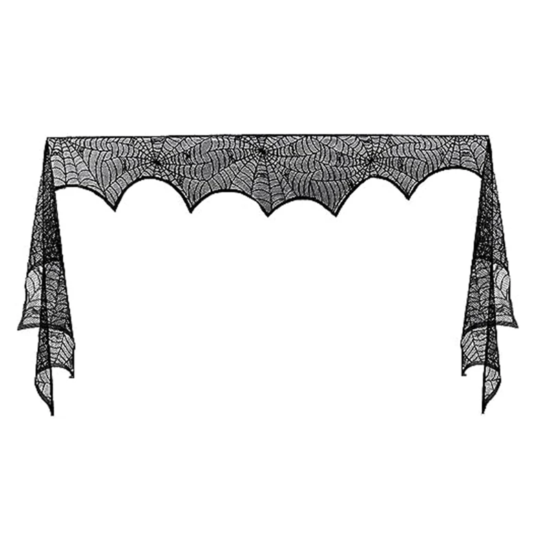 Halloween Fireplace-Mantle Scarf, Spiderweb Mantel Black Lace Fireplace-Mantle Cover Festive Party Gothic Indoor Decor Durable