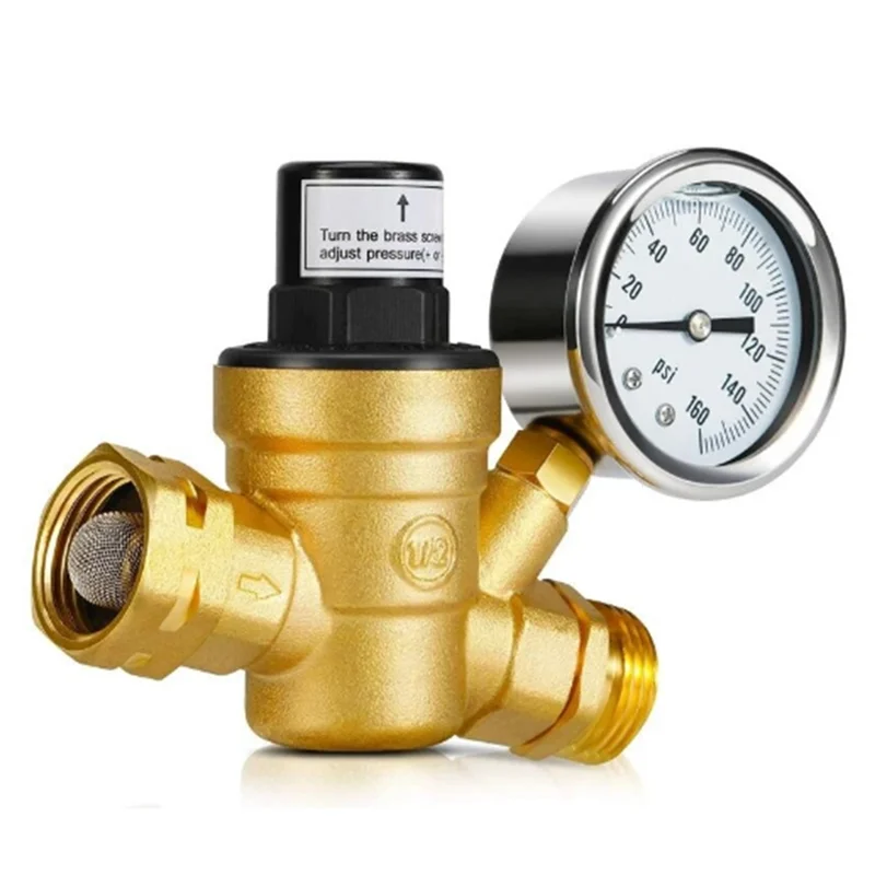 

AEF3-Adjustable Water Pressure Regulator RV Brass Water Pressure Reducer With Gauge And Inlet-Screened Filter