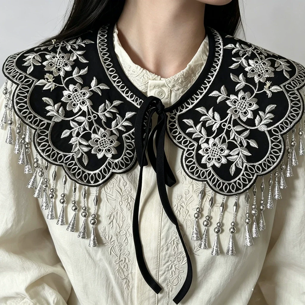 Women Shirts Detachable Fake Collar Lady Embroidery Tassel False Collar Vintage Chinese Antique Cheongsam Hanfu Shoulder Wraps