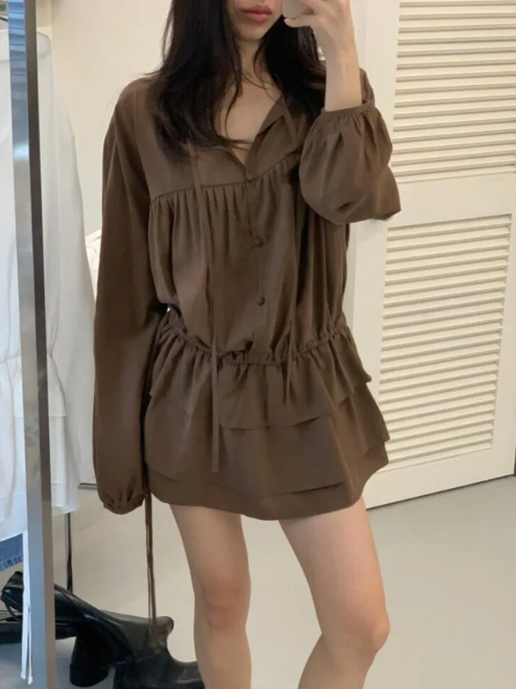 Korean Style V-Neck Belted Waist Hem Shirt Short Skirt Women's Spring 2026 Long Sleeve Dress White Colorless Brand 25-29 Year...