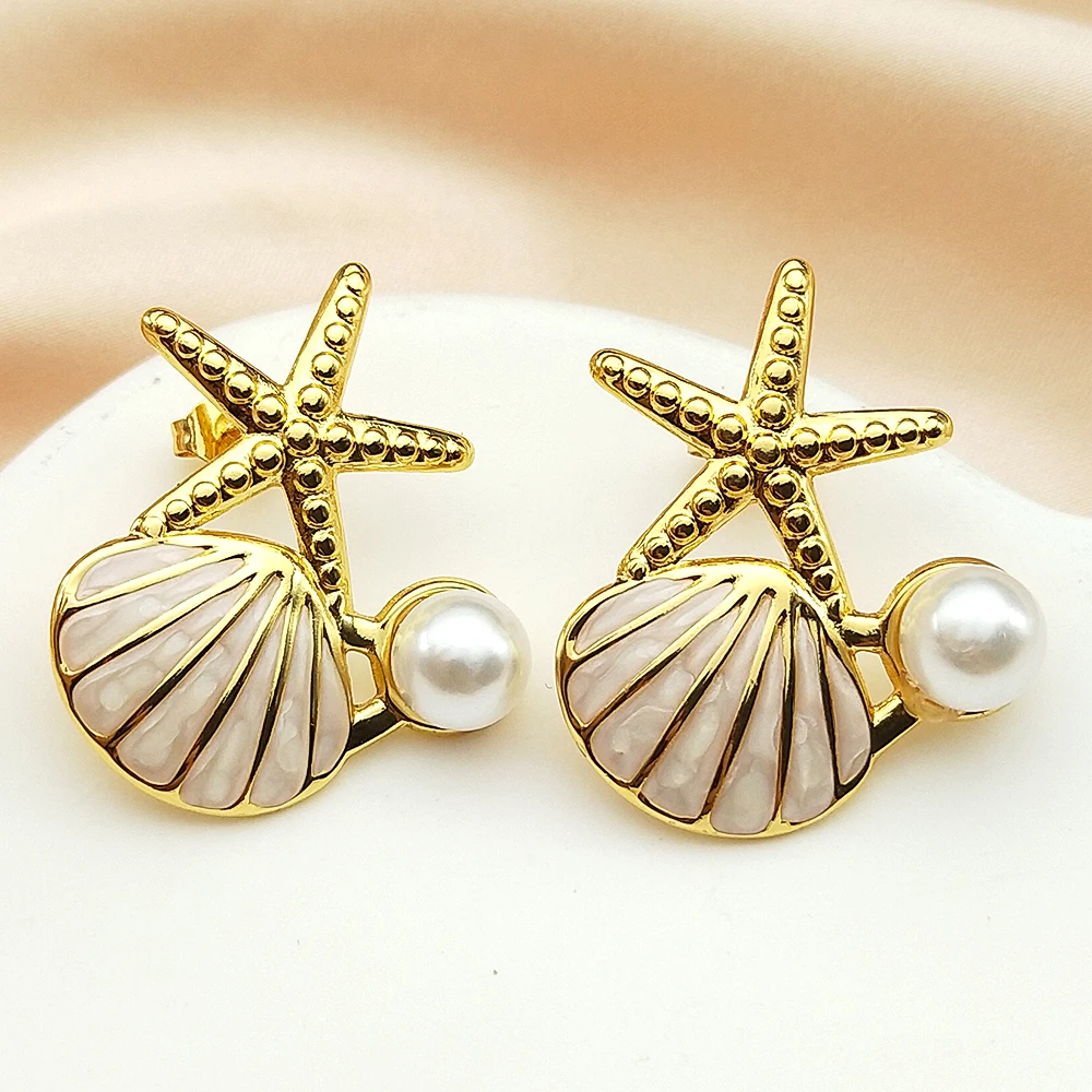 

Trendy Shell Pearl Starfish Earrings Women Girls Stainless Steel Gold Color Summer Sea Beach Ear Studs Female Fashion Jewelry