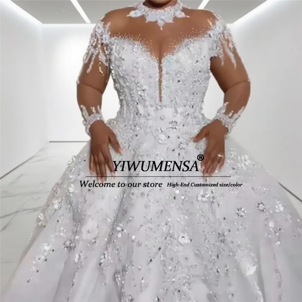 Luksusowa suknia ślubna afrykańska z kryształkami, suknia balowa z długimi rękawami, iluzja, suknie ślubne, odzież ślubna szyta na miarę.